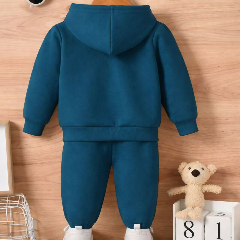 Girls' Teal Blue Cotton Hoodie & Jogger Set – Creative Graphic Printed Sportswear (Ages 0 Months to 7 Years) Luck Fashion