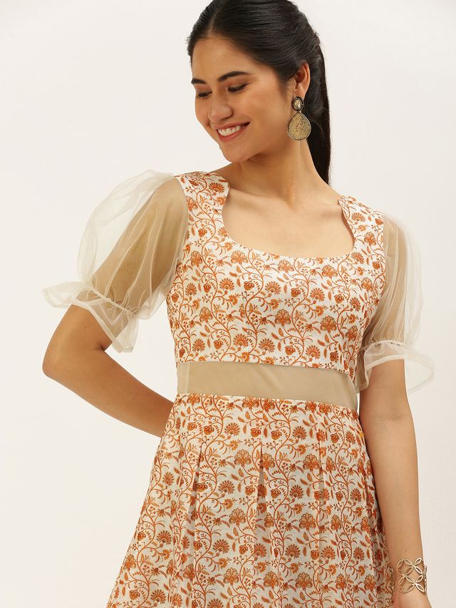 Bollywood Vogue Ready To Wear White Digital Printed Art Silk Dress