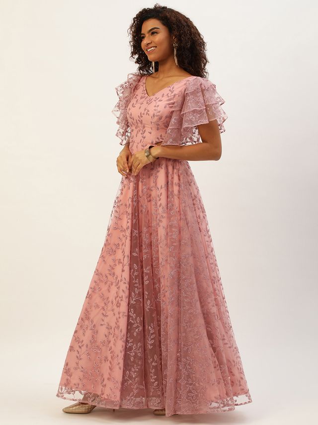 Bollywood Vogue Ready To Wear Pink Foil Printed Net Gown