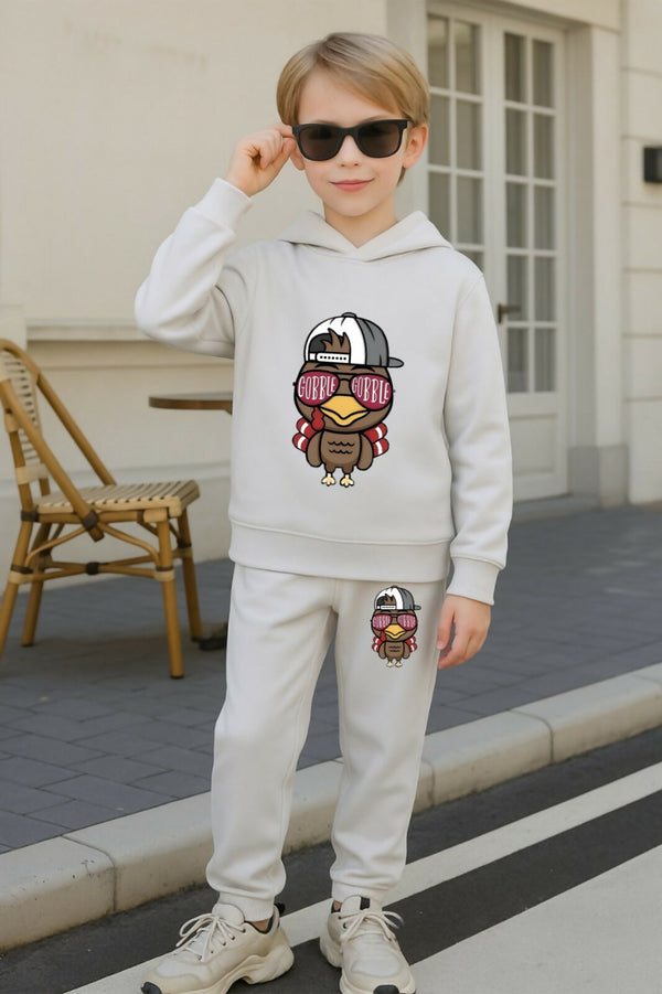 Kids White Cotton Blend Hoodie and Pant Set Luck Fashion