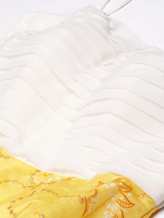 Bollywood Vogue Ready To Wear Off White N Yellow Foil Printed Gown