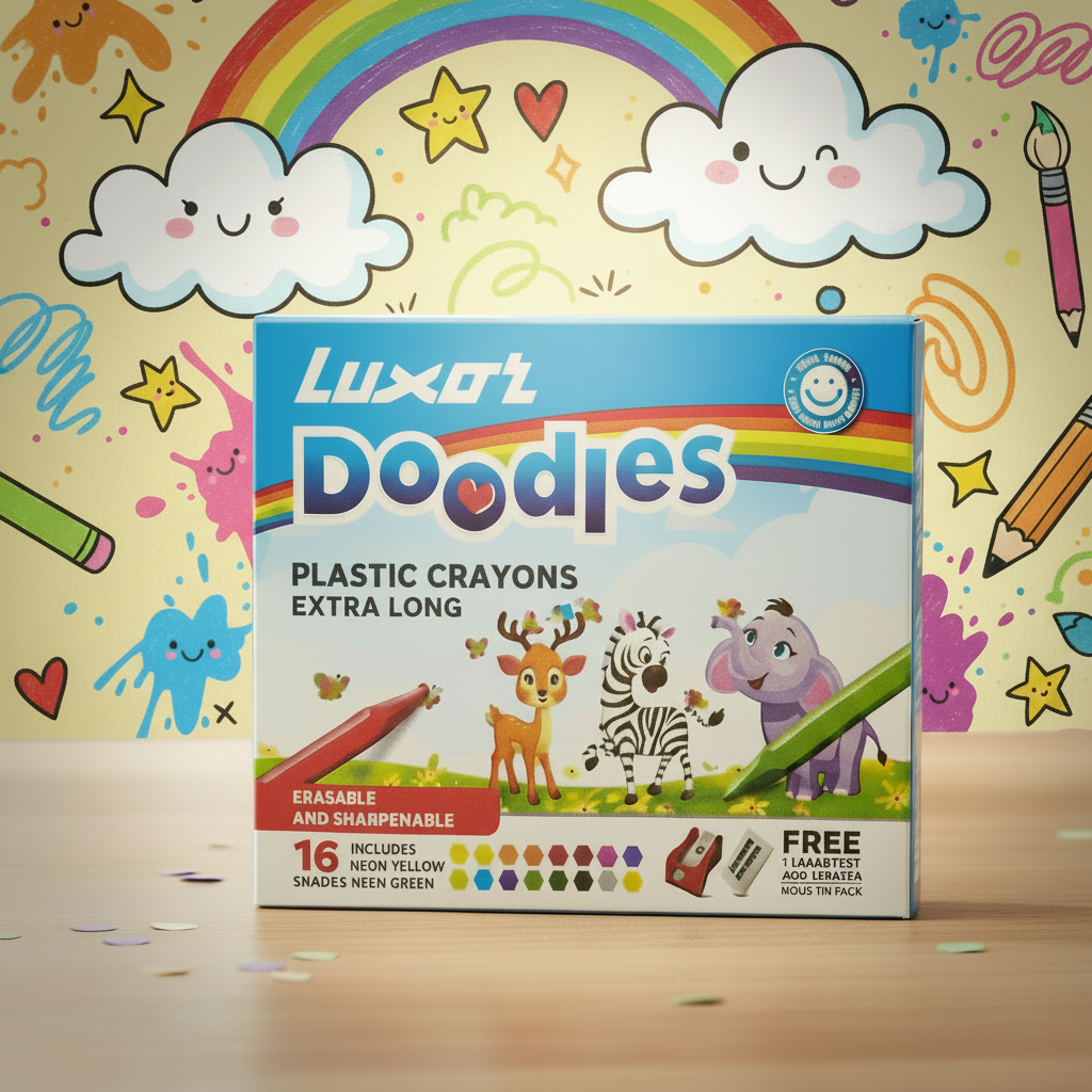Luxor Doodles Extra Long Plastic Crayons-16 Assorted Shades HalfPe - FW -TPT