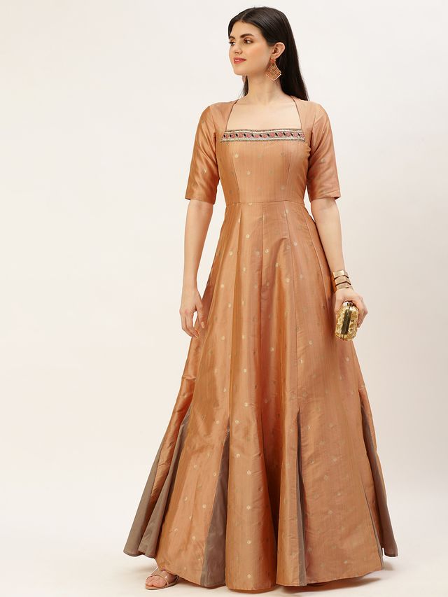 Bollywood Vogue Ready To Wear Peach Art Silk Jacquard Godet Gown
