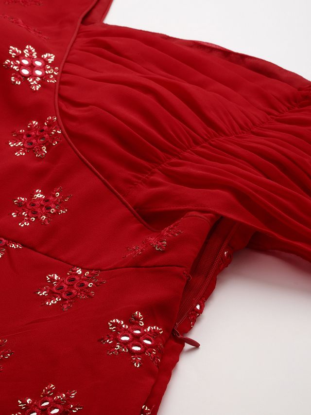Bollywood Vogue Ready To Wear Red Georgette Embroidered One Shoulder Style Gown