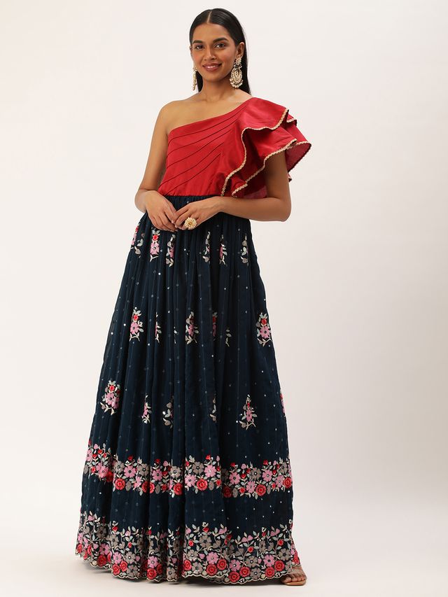Bollywood Vogue Ready To Wear Maroon N Blue Sequins Georgette Gown