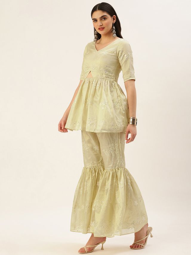 Bollywood Vogue Ready To Wear Beige Art Silk Embroidered Gharara Set