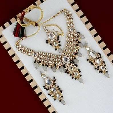 LUCKY JEWELLERY Gold Plated White Grey Color Tika Earring Necklace Combo Kundan Jewellery Set - HalfPe
