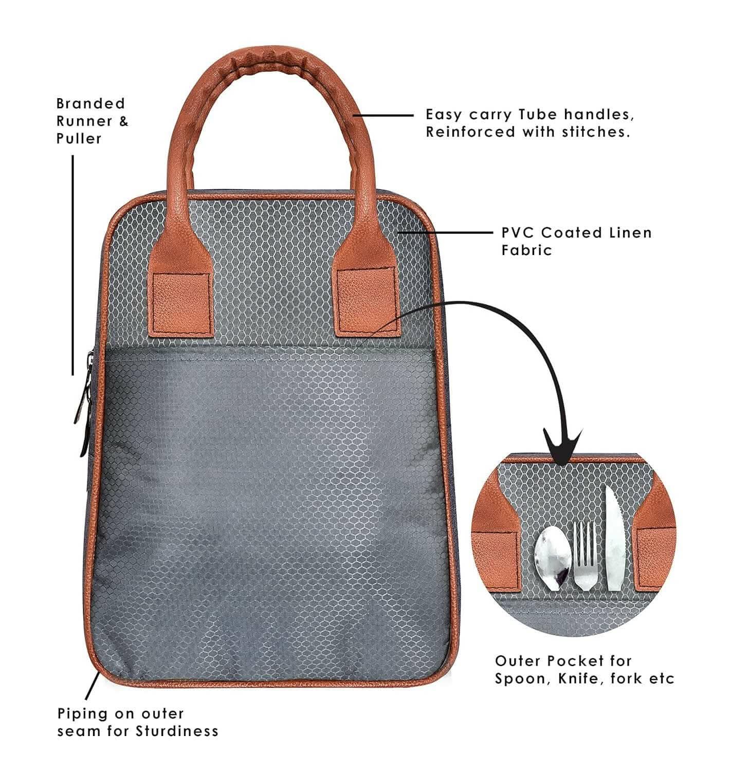 LOREM Grey Linen Textured Insulated Tiffin /Lunch Bag For Men & Women - HalfPe