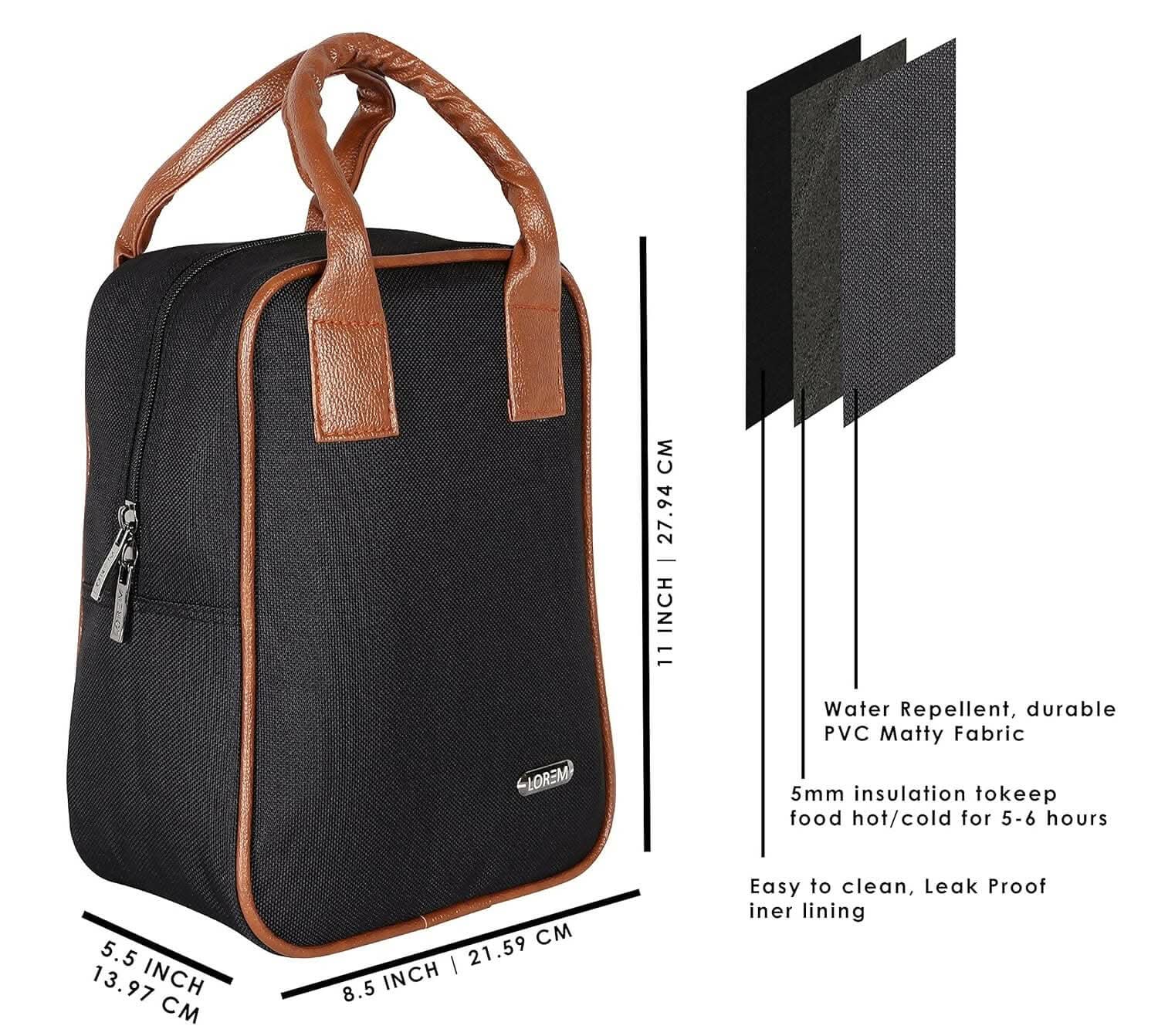 LOREM Black PVC Coated Matty Insulated Tiffin Bag/Lunch Bag for Men & Women - HalfPe