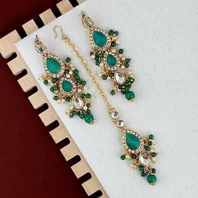 LUCKY JEWELLERY Gold Plated White Light Green Color Tika Earring Necklace Combo Kundan Jewellery Set - HalfPe
