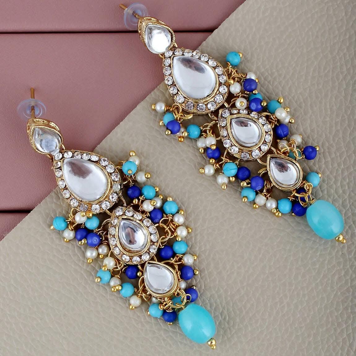 LUCKY JEWELLERY Gold Plated Multi Color Tika Earring Necklace Combo Kundan Jewellery Set - HalfPe