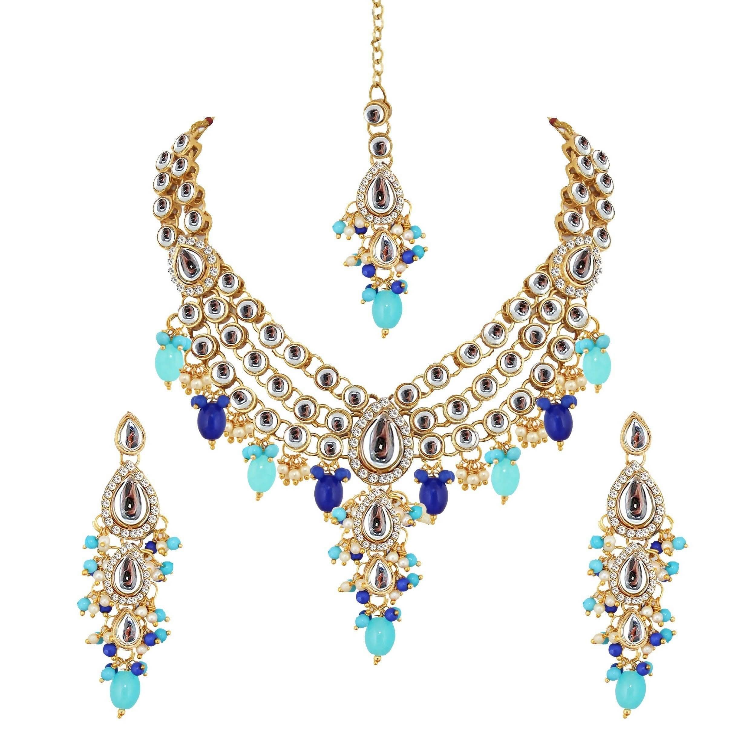 LUCKY JEWELLERY Gold Plated Multi Color Tika Earring Necklace Combo Kundan Jewellery Set - HalfPe
