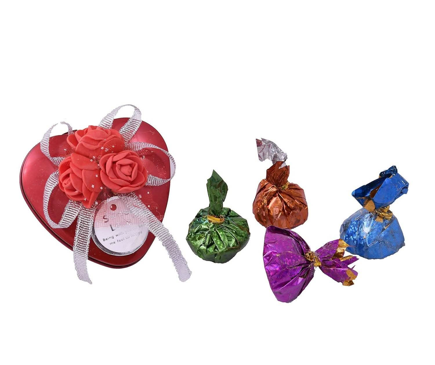 MANTOUSS Valentine Day Chocolate Gift for Girl Friend/boy Friend/Husband/Wife-Heart Shaped tin Box with Chocolate+Valentines Day Greeting Card+Heart Shaped Love Ballons+Love Message Bottle+Teddy Bear - HalfPe