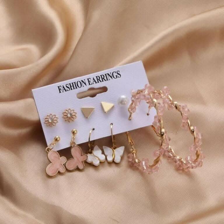 Pinapes pink crystal winding stud earrings butterfly pearl diamond earrings (6pairs) - HalfPe