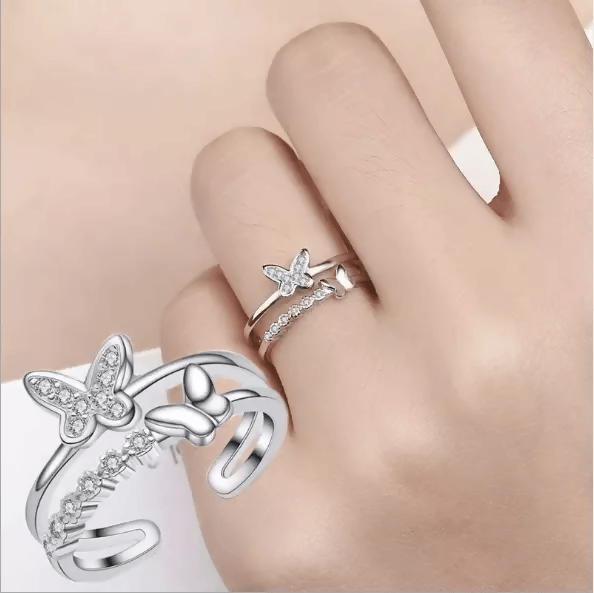 Pinapes American Diamond Butterfly Design Silver Plated Adjustable Ring For Women & Girls - HalfPe