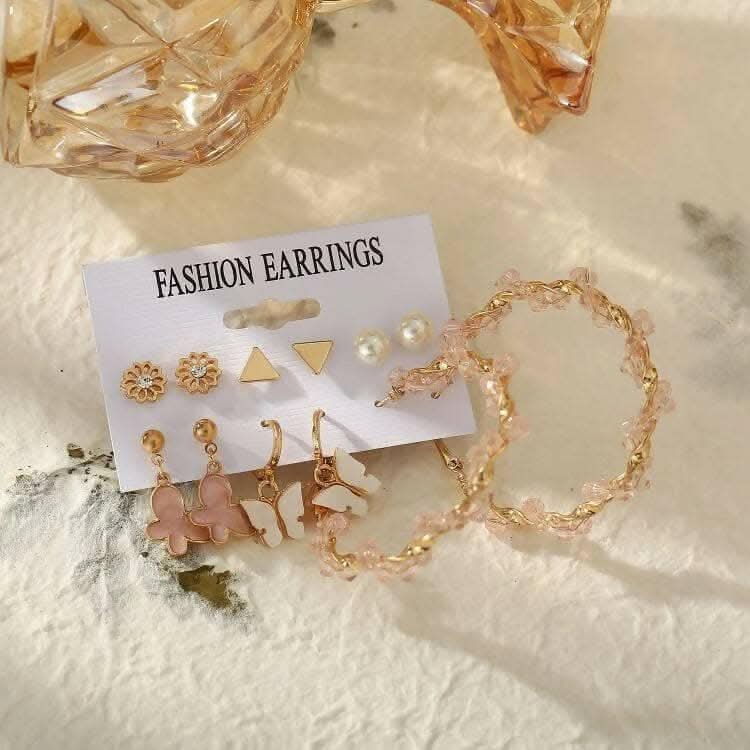 Pinapes pink crystal winding stud earrings butterfly pearl diamond earrings (6pairs) - HalfPe