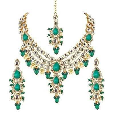 LUCKY JEWELLERY Gold Plated White Light Green Color Tika Earring Necklace Combo Kundan Jewellery Set - HalfPe