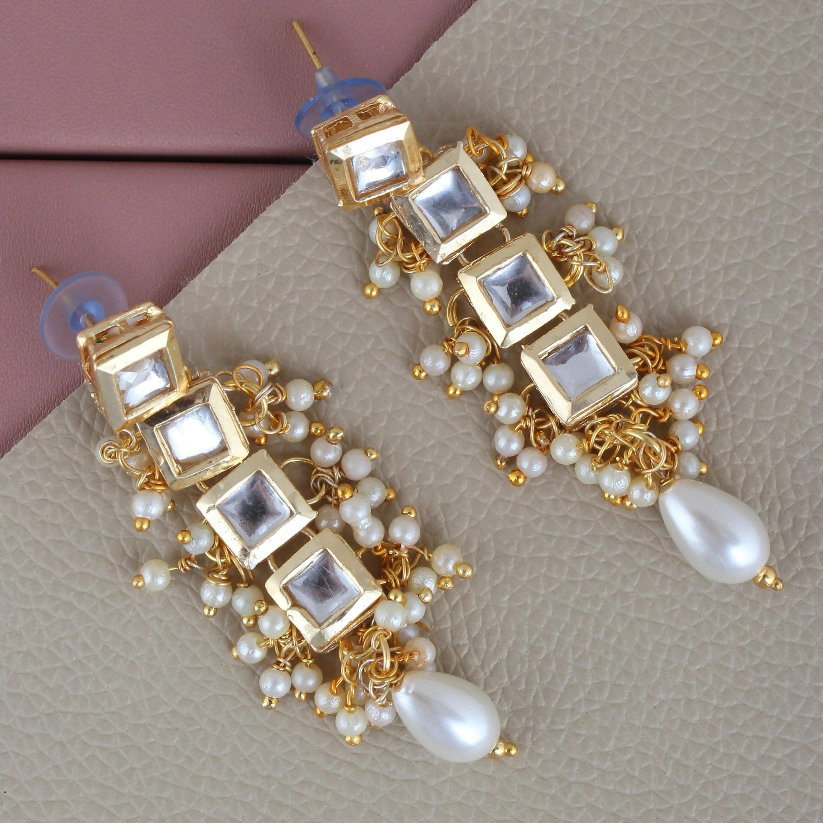 LUCKY JEWELLERY Back Meenakari 18k Gold Plated White Color Tika Earring Combo Uncut Big Faux Kundan Choker Necklace set (660-J5SK-1664-W) - HalfPe
