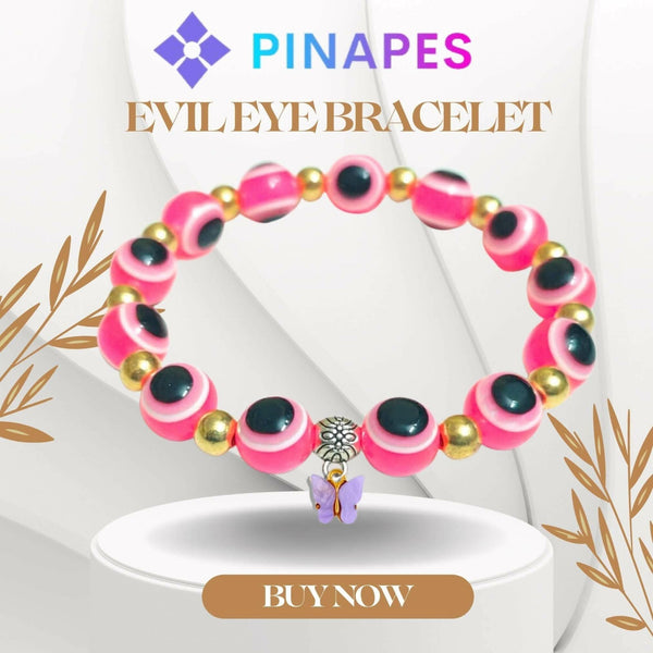Pinapes Butterfly Beads and Evil Eye Charm Bracelet A Must-Have for Fashionable and Superstitious Women with violet butterfly(pink) - HalfPe