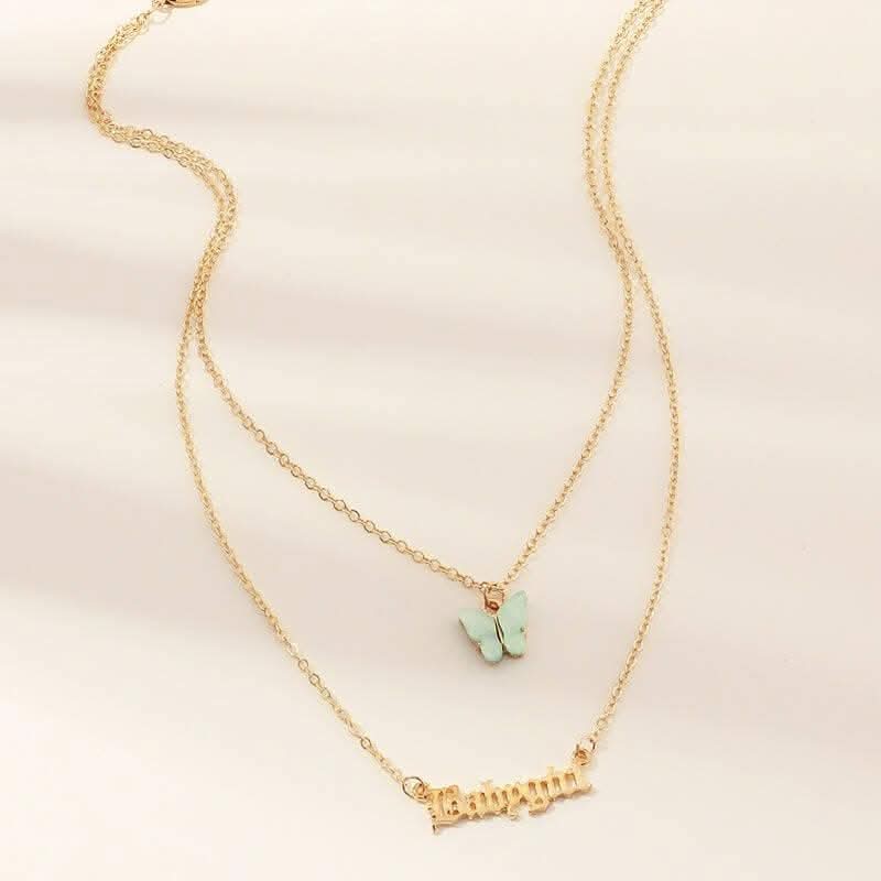 Pinapes Babygirl Letter Acrylic Butterfly Blue Summer Girls Jewelry Multi Layer Necklace - HalfPe