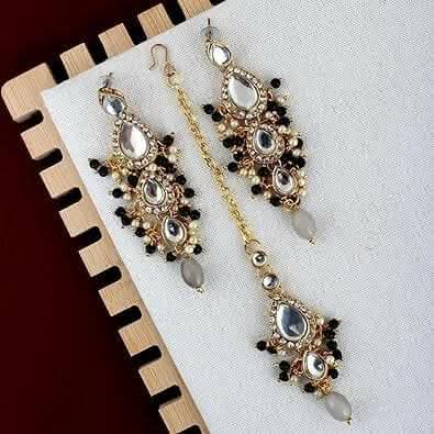 LUCKY JEWELLERY Gold Plated White Grey Color Tika Earring Necklace Combo Kundan Jewellery Set - HalfPe