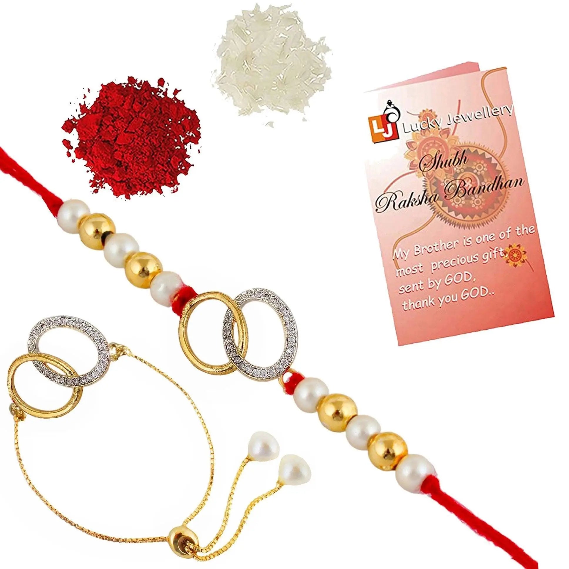 Designer Gold-Plated american diamond rakhi with multi-colored oval rings (pack of 2) | LUCKY JEWELLERY - halfpeapp