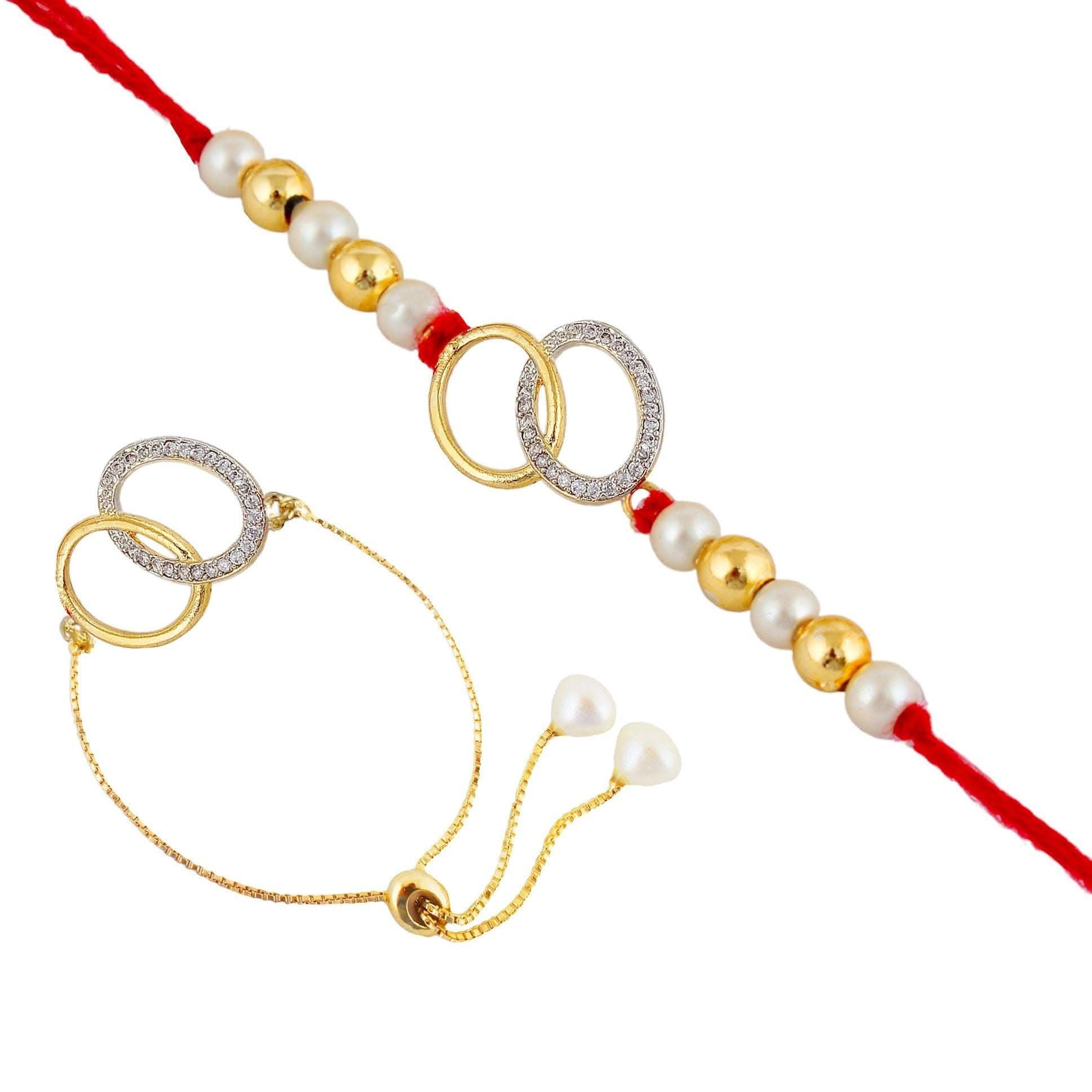 Designer Gold-Plated american diamond rakhi with multi-colored oval rings (pack of 2) | LUCKY JEWELLERY - halfpeapp
