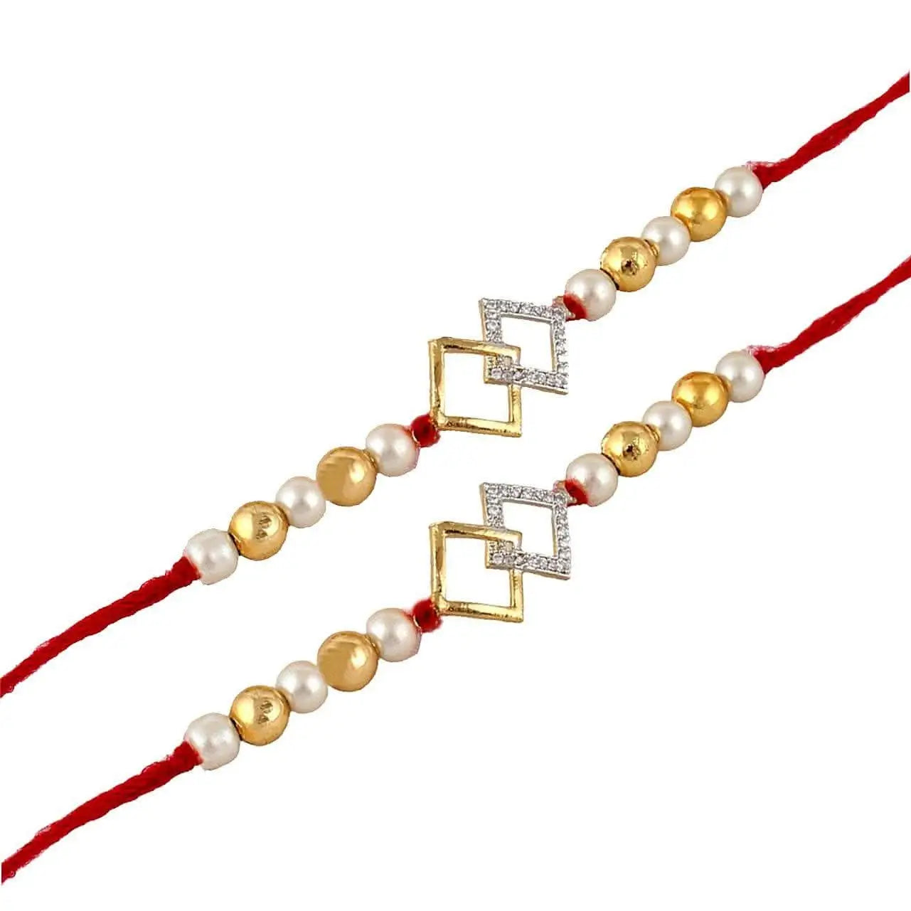 Designer Gold-Plated american diamond rakhi with rhombus rings (pack of 2)|LUCKY JEWELLERY - halfpeapp