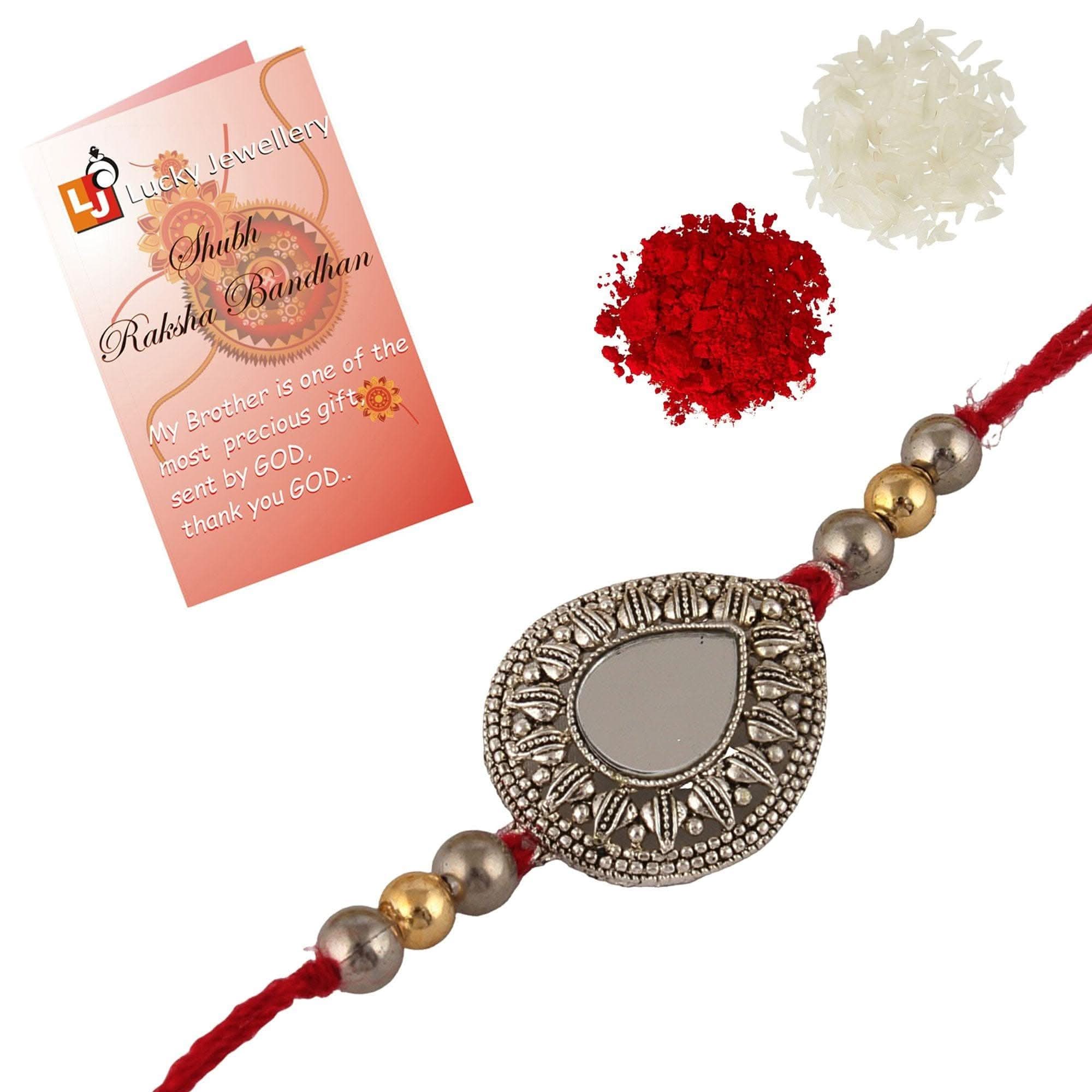 Designer Gold-Plated ferozi color meena thread rakhi | LUCKY JEWELLERY - halfpeapp