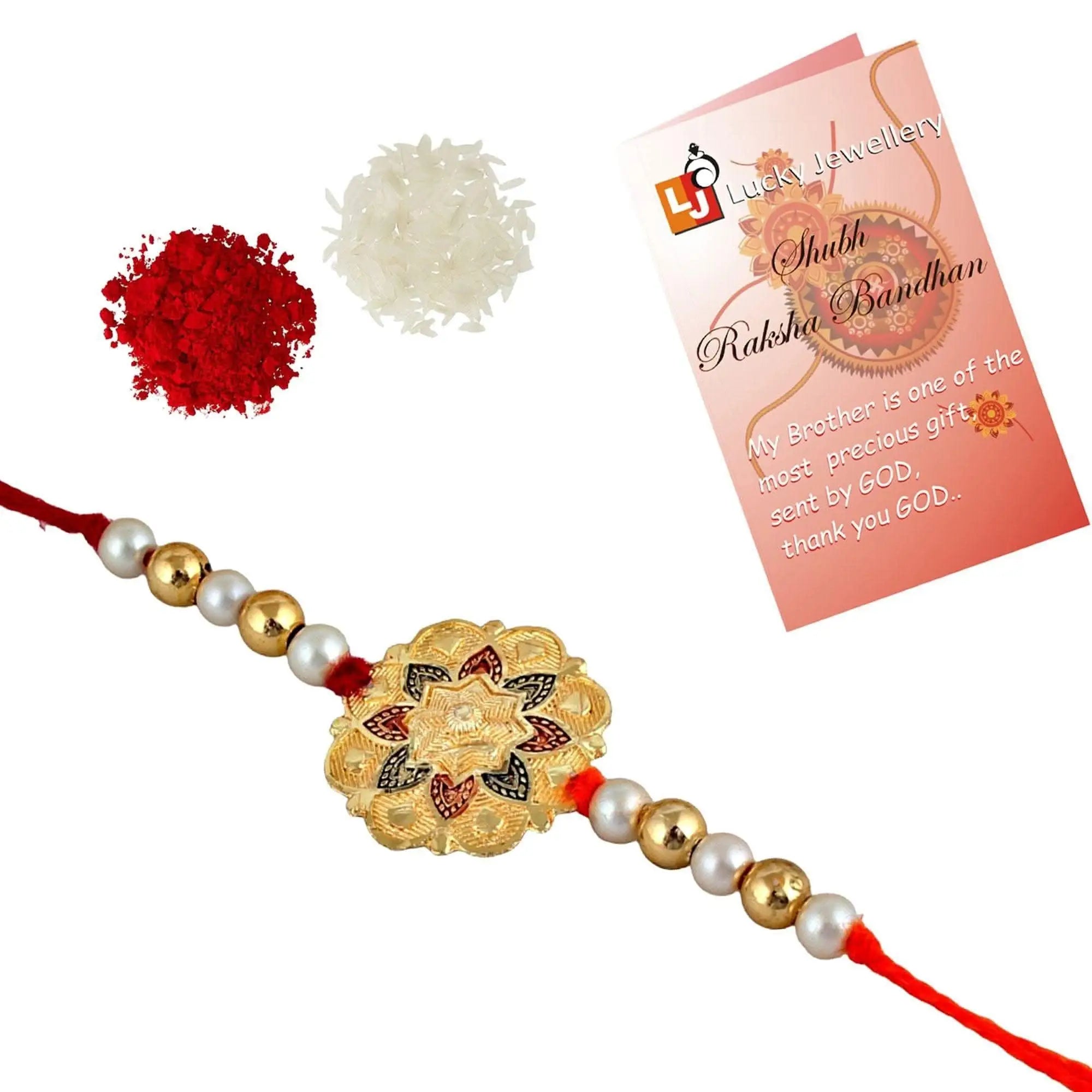 Designer Gold-Plated ferozi color meena thread rakhi | LUCKY JEWELLERY - halfpeapp
