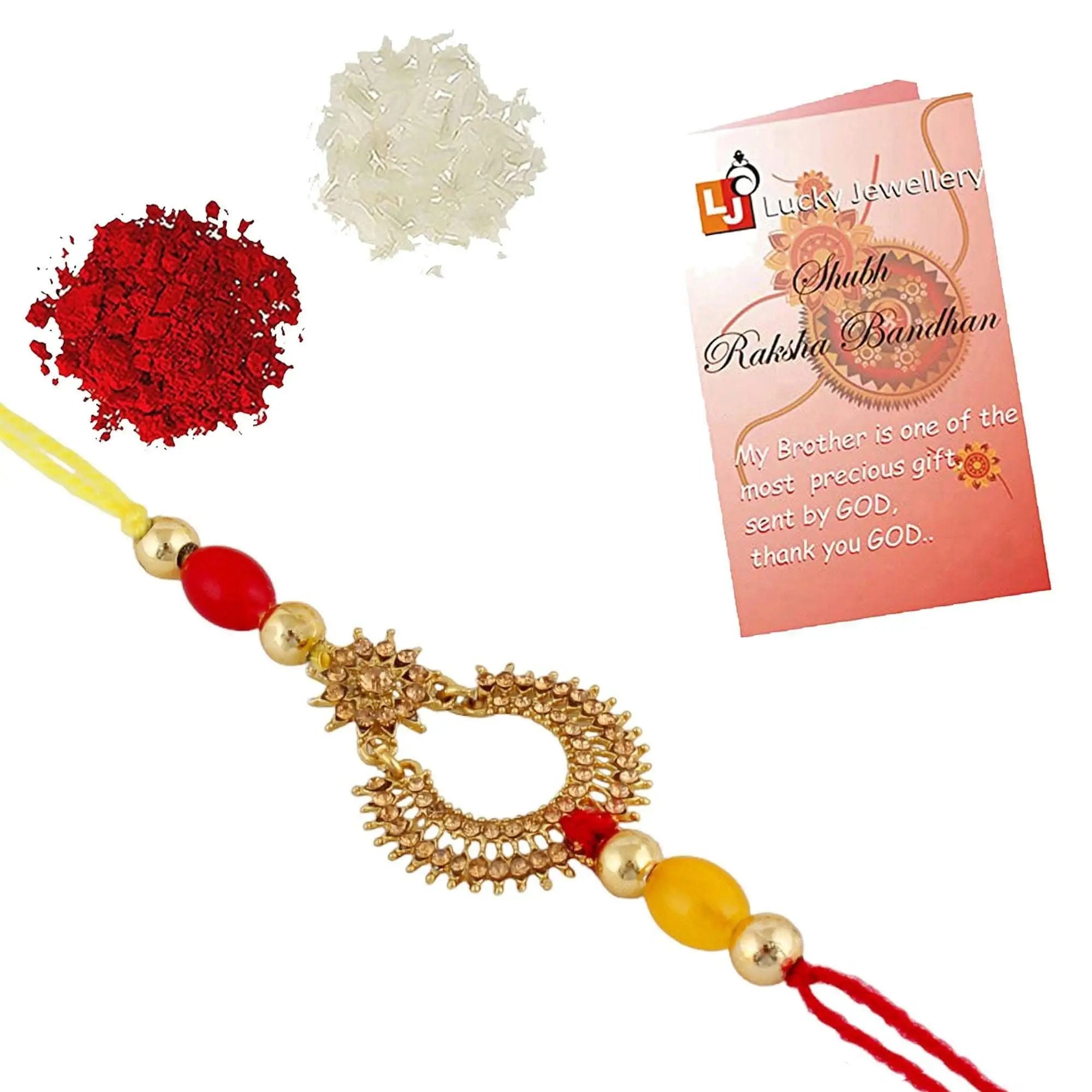 Designer Gold-Plated ferozi color meena thread rakhi | LUCKY JEWELLERY - halfpeapp