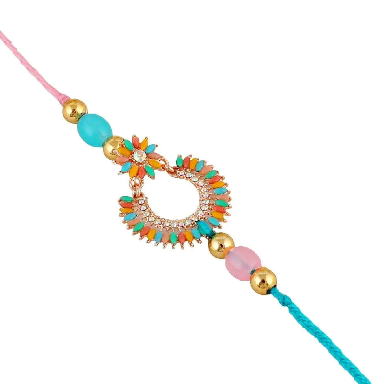Designer Gold-Plated ferozi color meena thread rakhi | LUCKY JEWELLERY - halfpeapp