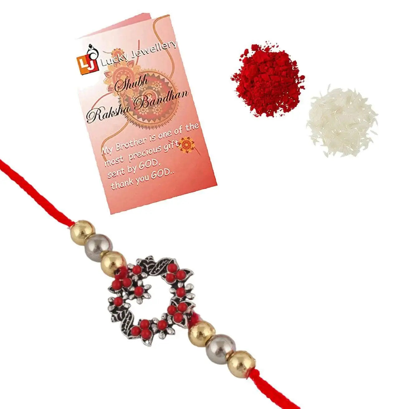 Designer Gold-Plated ferozi color meena thread rakhi | LUCKY JEWELLERY - halfpeapp