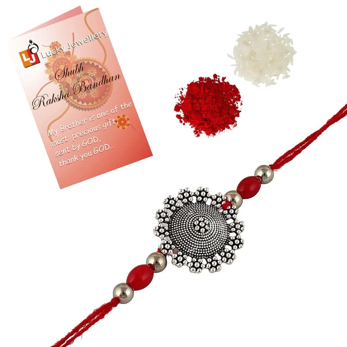 Designer Gold-Plated ferozi color meena thread rakhi | LUCKY JEWELLERY - halfpeapp