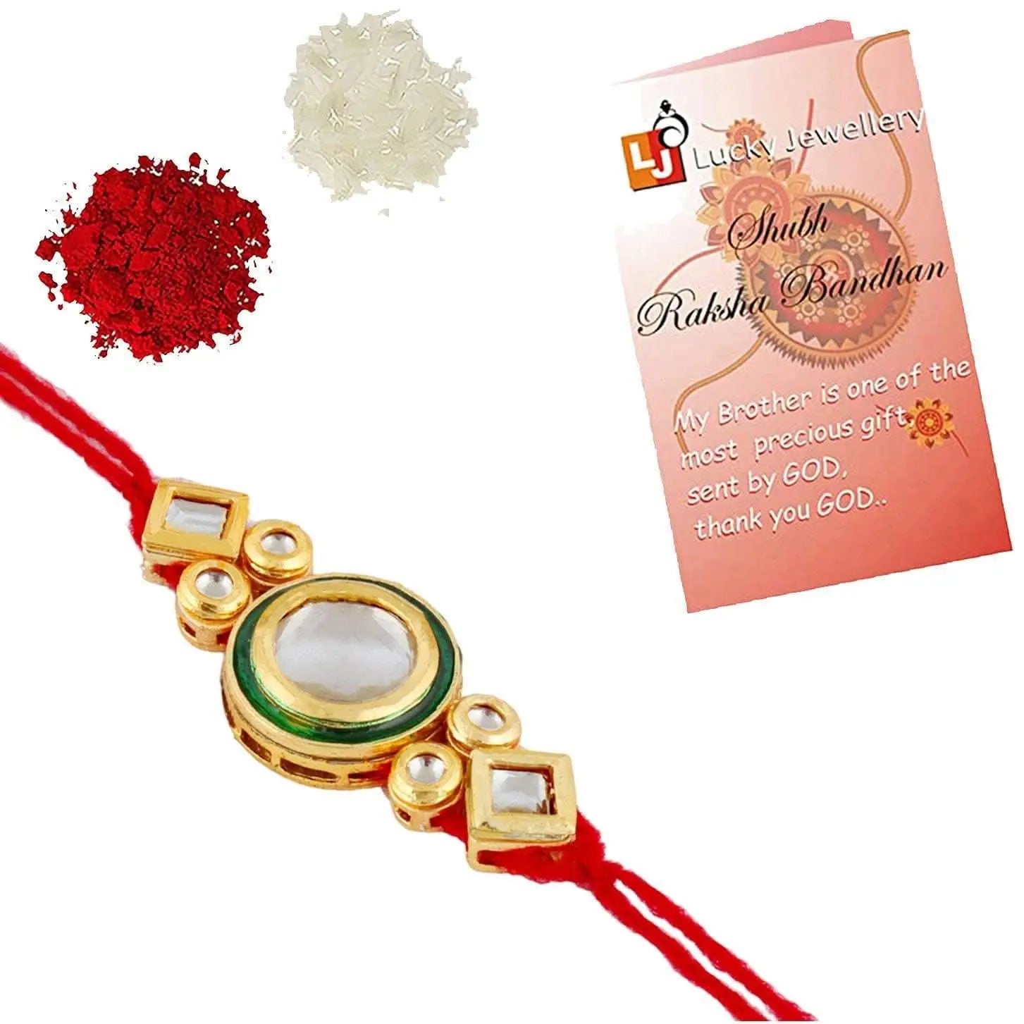 Designer Gold-Plated ferozi color meena thread rakhi | LUCKY JEWELLERY - halfpeapp