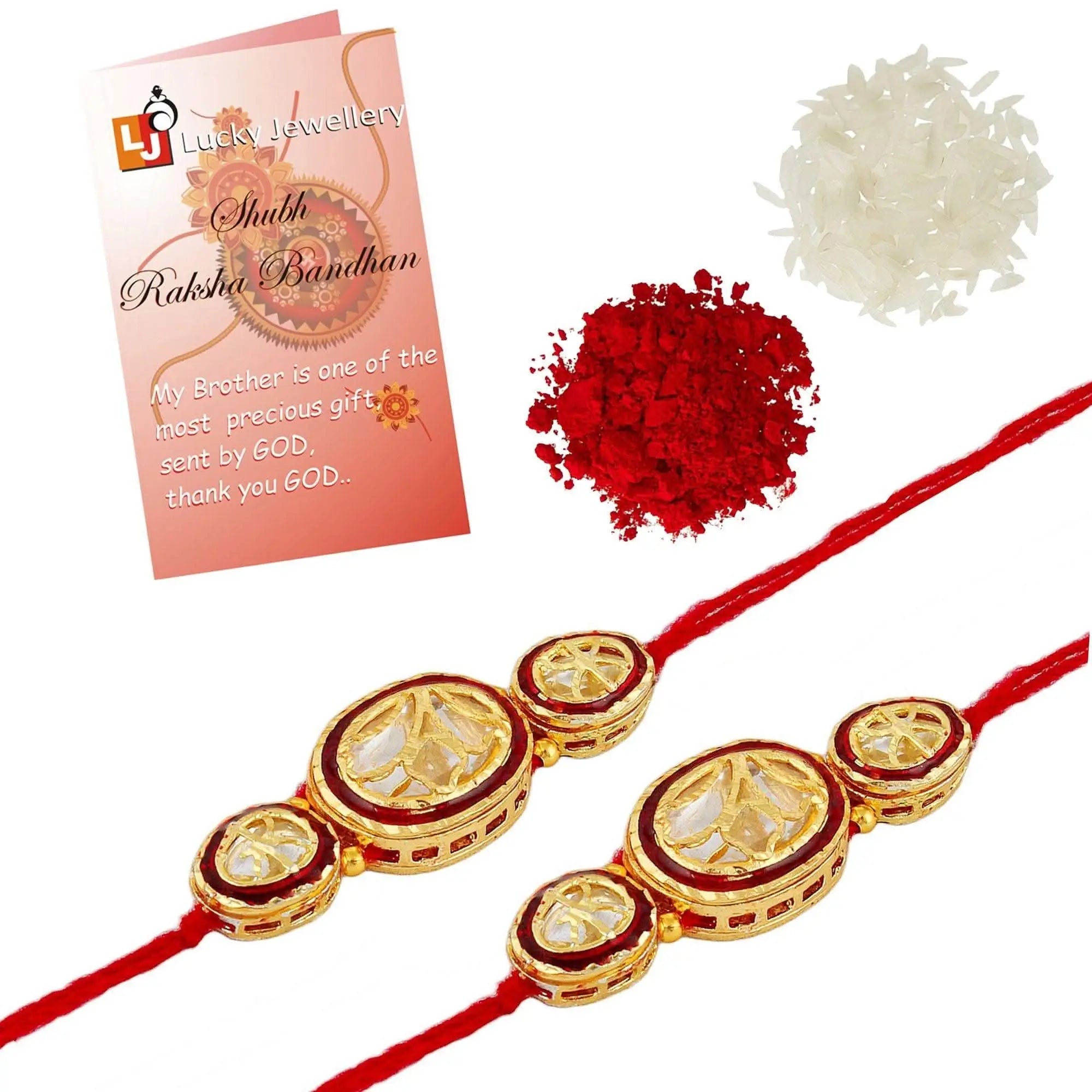 Designer Gold-Plated ferozi color meena thread rakhi (pack of 2) | LUCKY JEWELLERY - halfpeapp