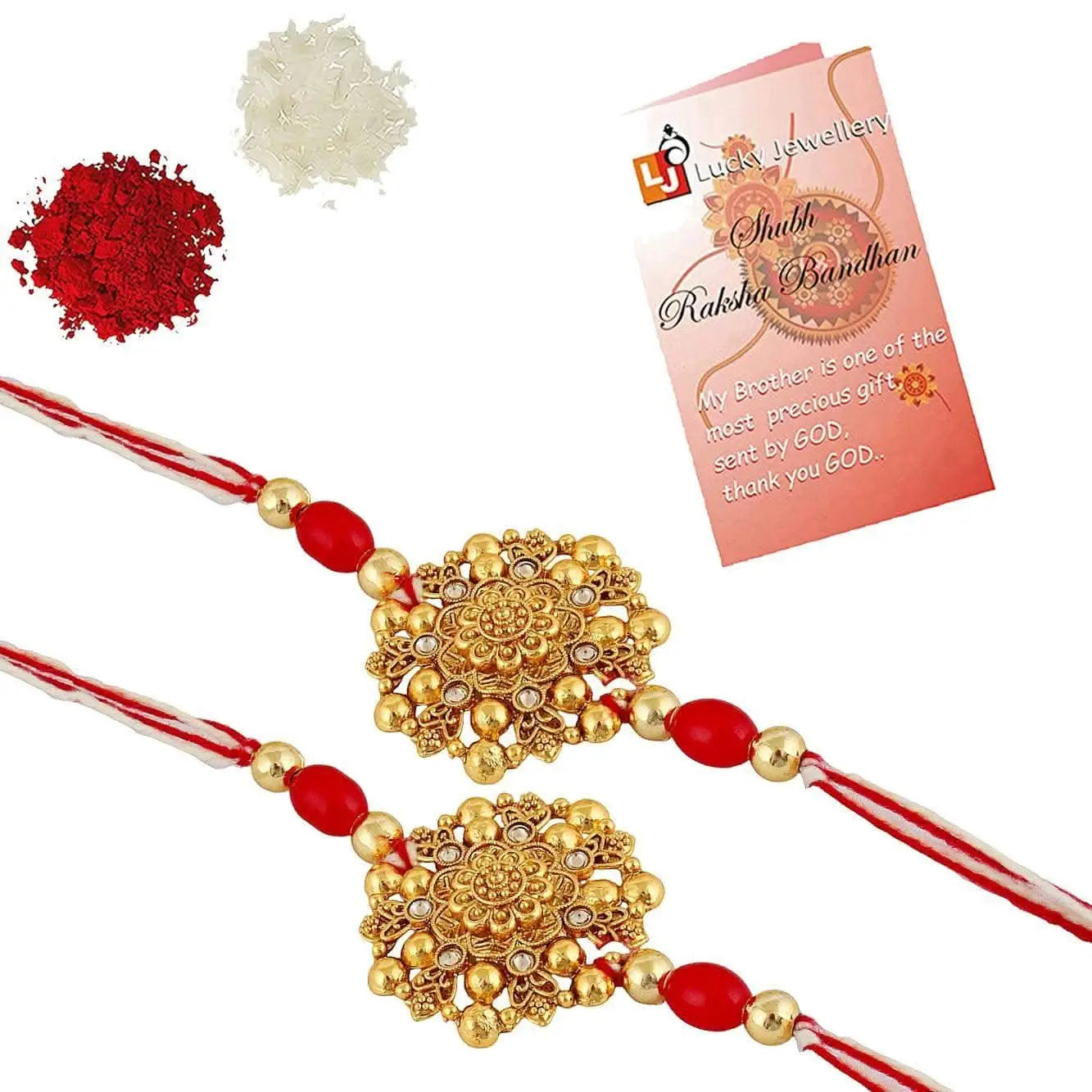 Designer Gold-Plated ferozi color meena thread rakhi (pack of 2)| LUCKY JEWELLERY - halfpeapp