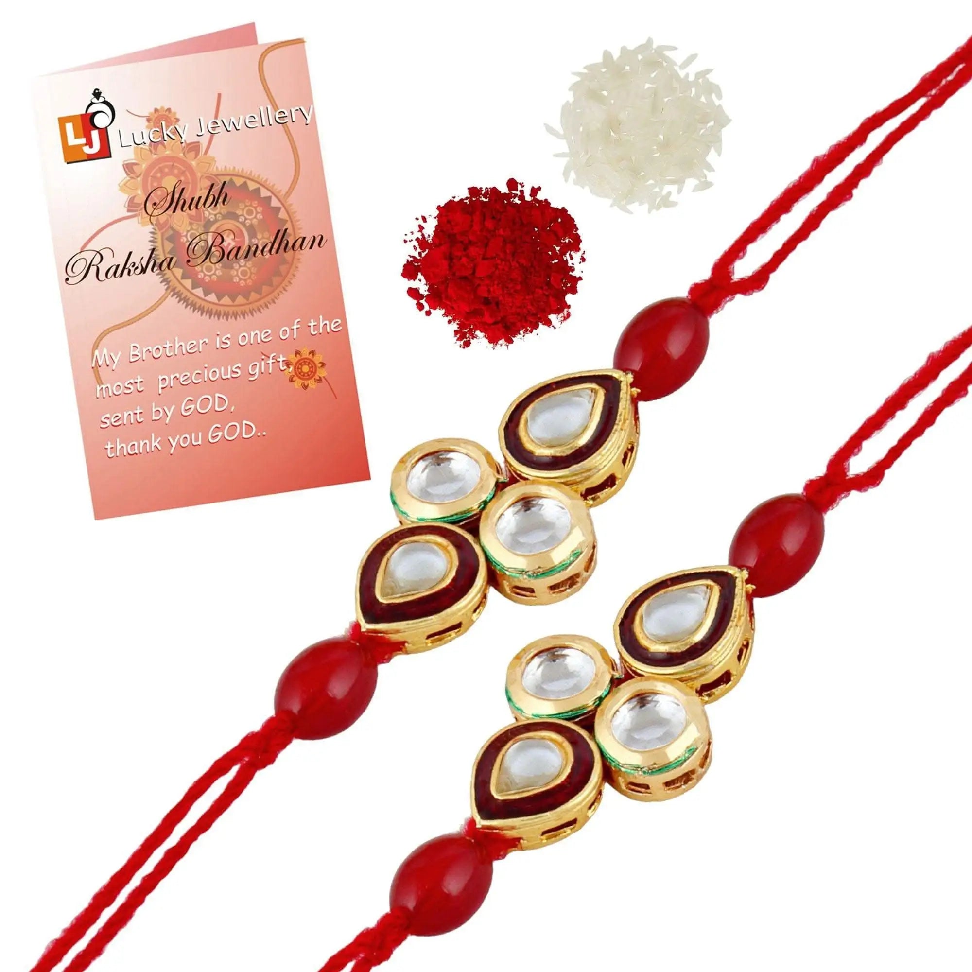 Designer Gold-Plated ferozi color meena thread rakhi (pack of 2) | LUCKY JEWELLERY - halfpeapp