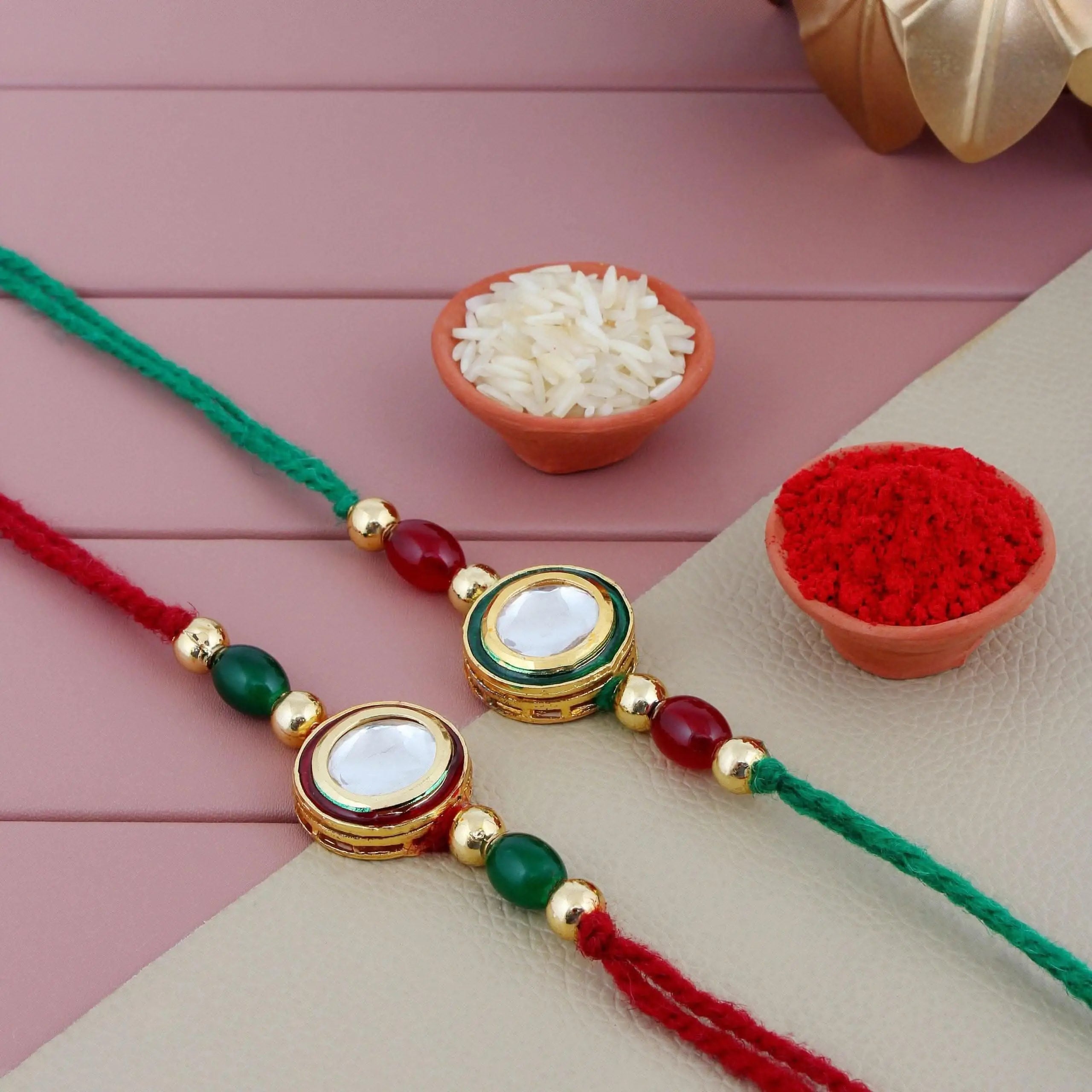 Designer Gold-Plated ferozi color meena thread rakhi (pack of 2) | LUCKY JEWELLERY - halfpeapp