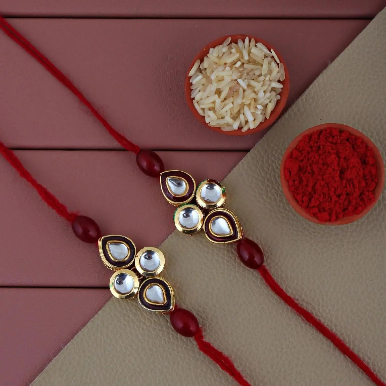 Designer Gold-Plated ferozi color meena thread rakhi (pack of 2) | LUCKY JEWELLERY - halfpeapp