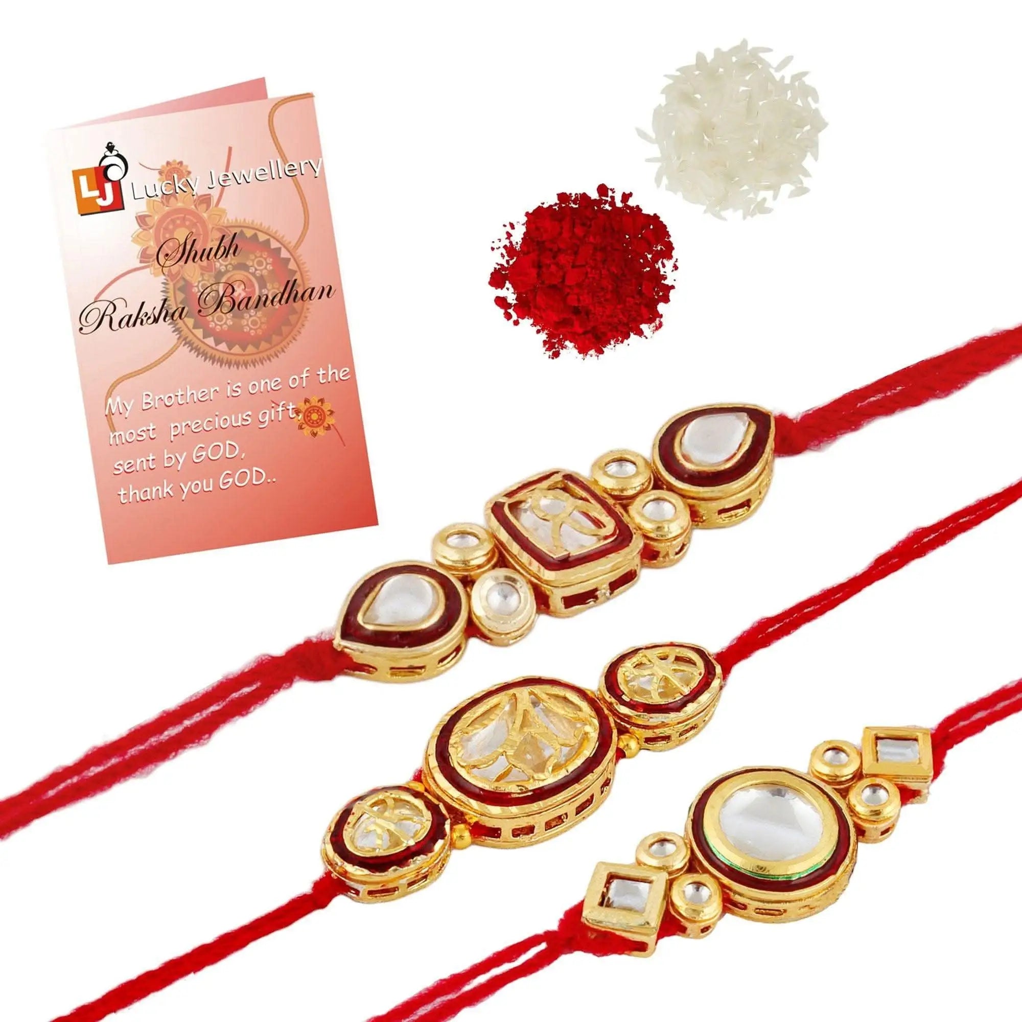 Designer Gold-Plated ferozi color meena thread rakhi (pack of 3) | LUCKY JEWELLERY - halfpeapp