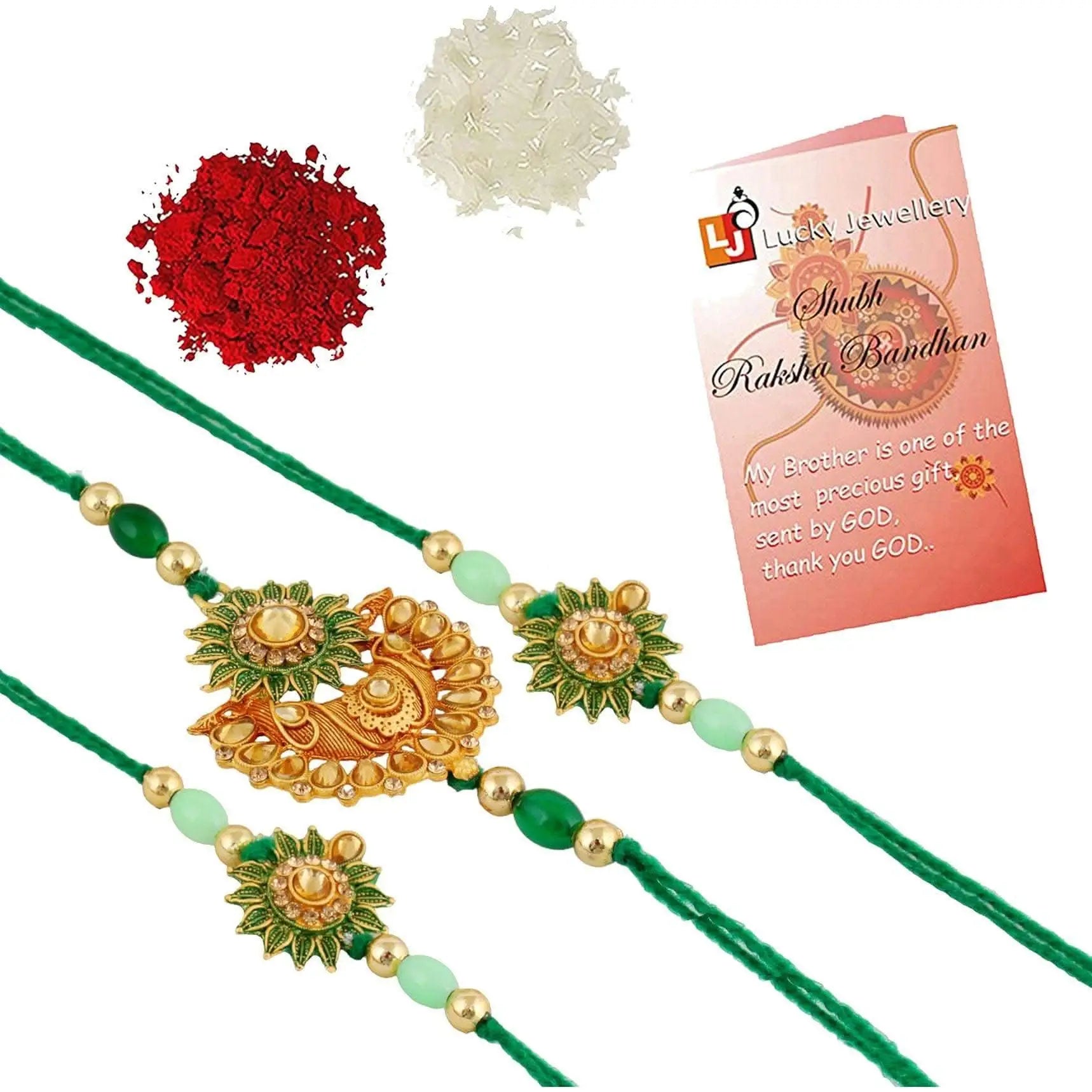 Designer Gold-Plated ferozi color meena thread rakhi (pack of 3) | LUCKY JEWELLERY - halfpeapp