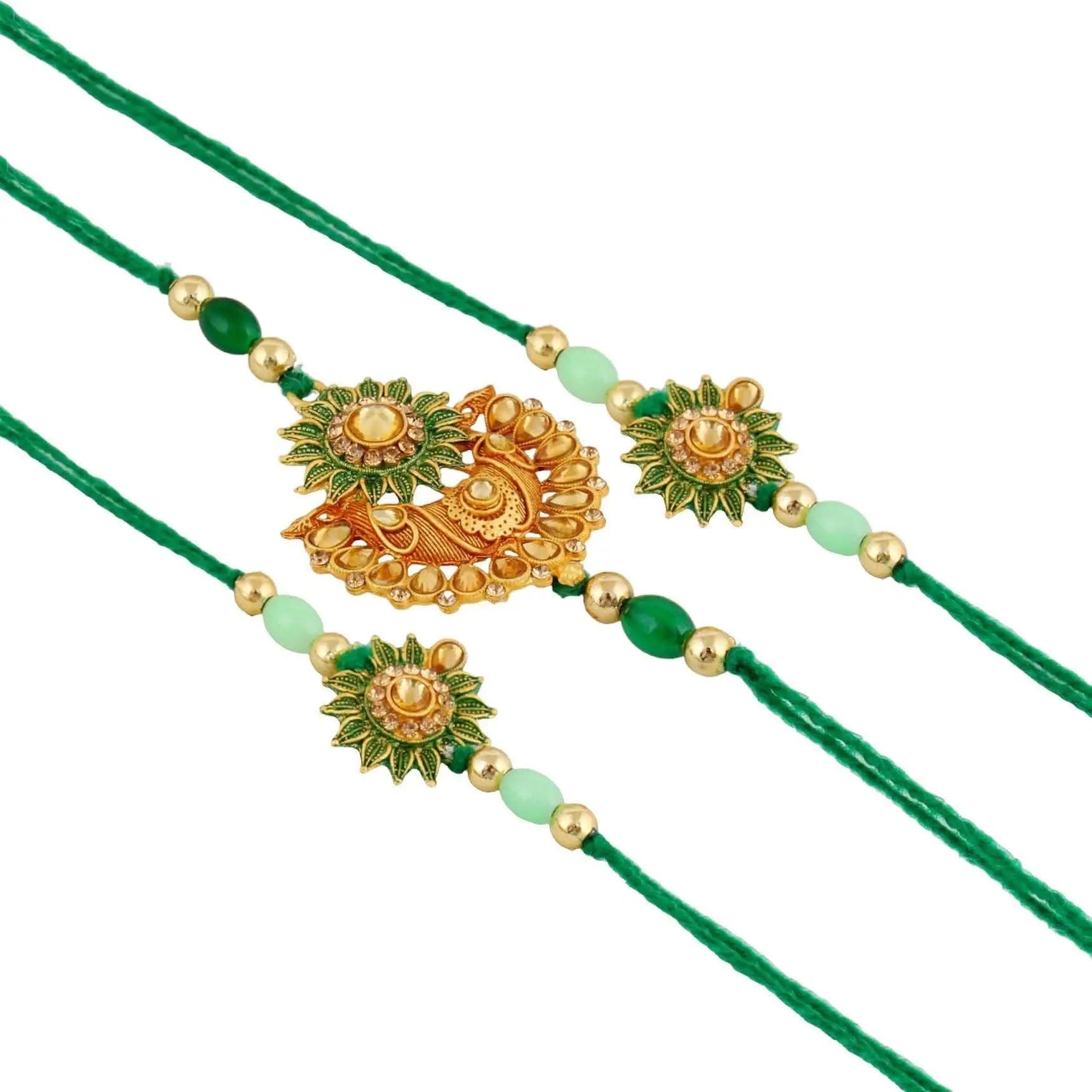 Designer Gold-Plated ferozi color meena thread rakhi (pack of 3) | LUCKY JEWELLERY - halfpeapp