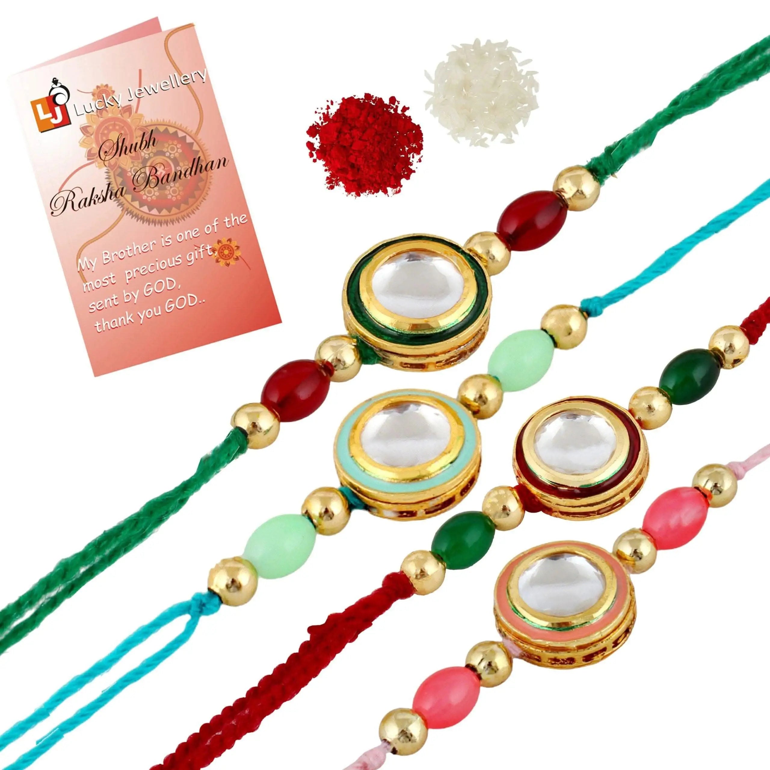 Designer Gold-Plated ferozi color meena thread rakhi (pack of 4) | LUCKY JEWELLERY - halfpeapp
