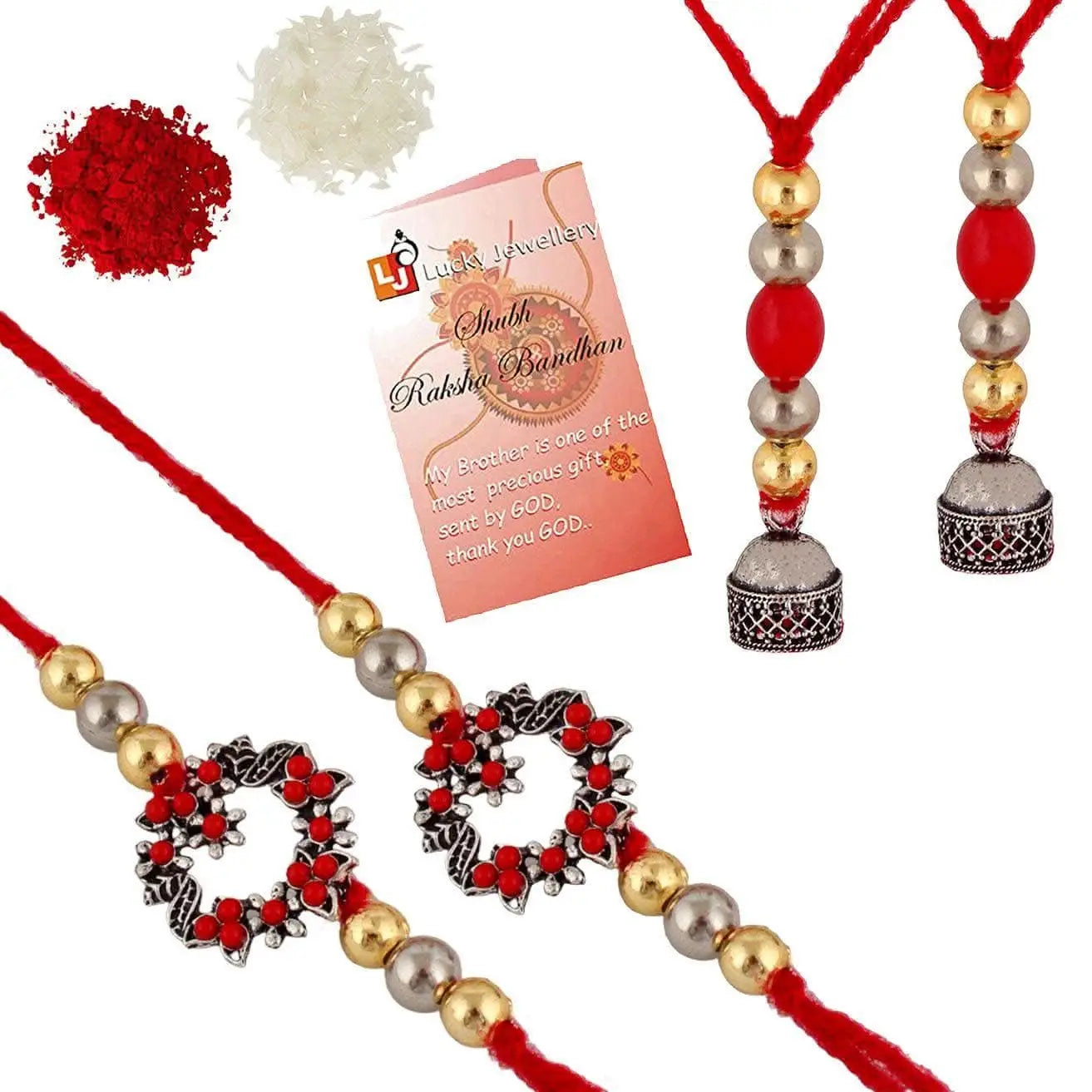 Designer Gold-Plated ferozi color meena thread rakhi (pack of 4) | LUCKY JEWELLERY - halfpeapp