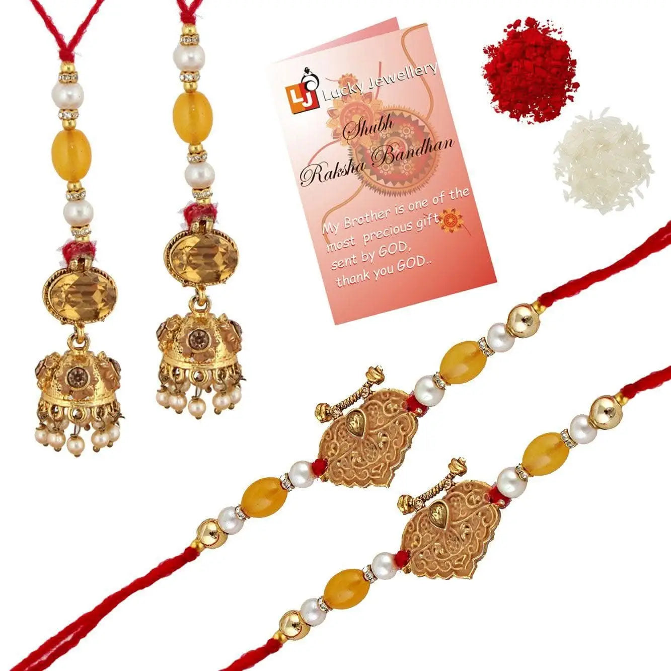 Designer Gold-Plated ferozi color meena thread rakhi (pack of 4) with designer lumba| LUCKY JEWELLERY - halfpeapp