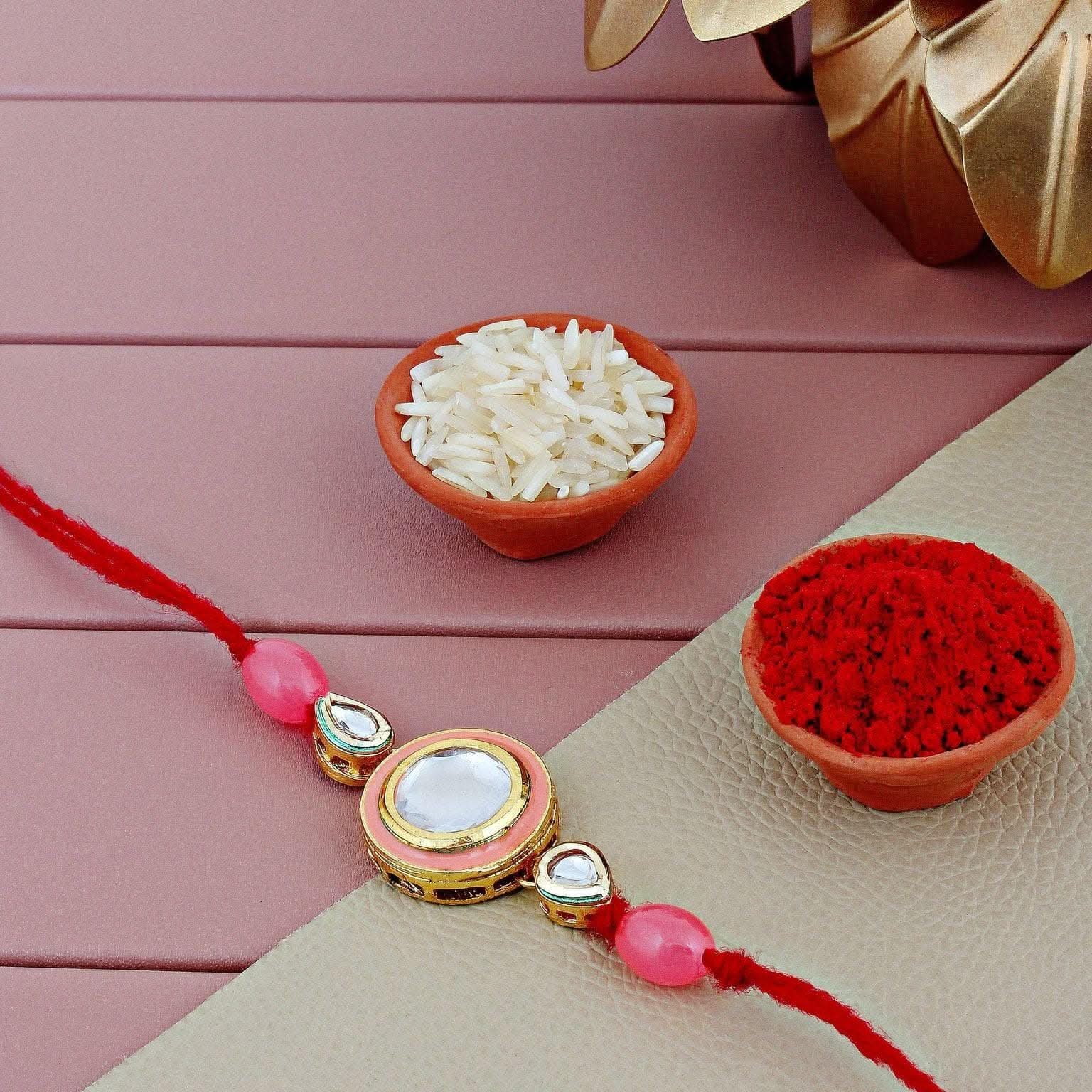 Designer Gold-Plated ferozi color meena thread rakhi silver stones and pink beads | LUCKY JEWELLERY - halfpeapp