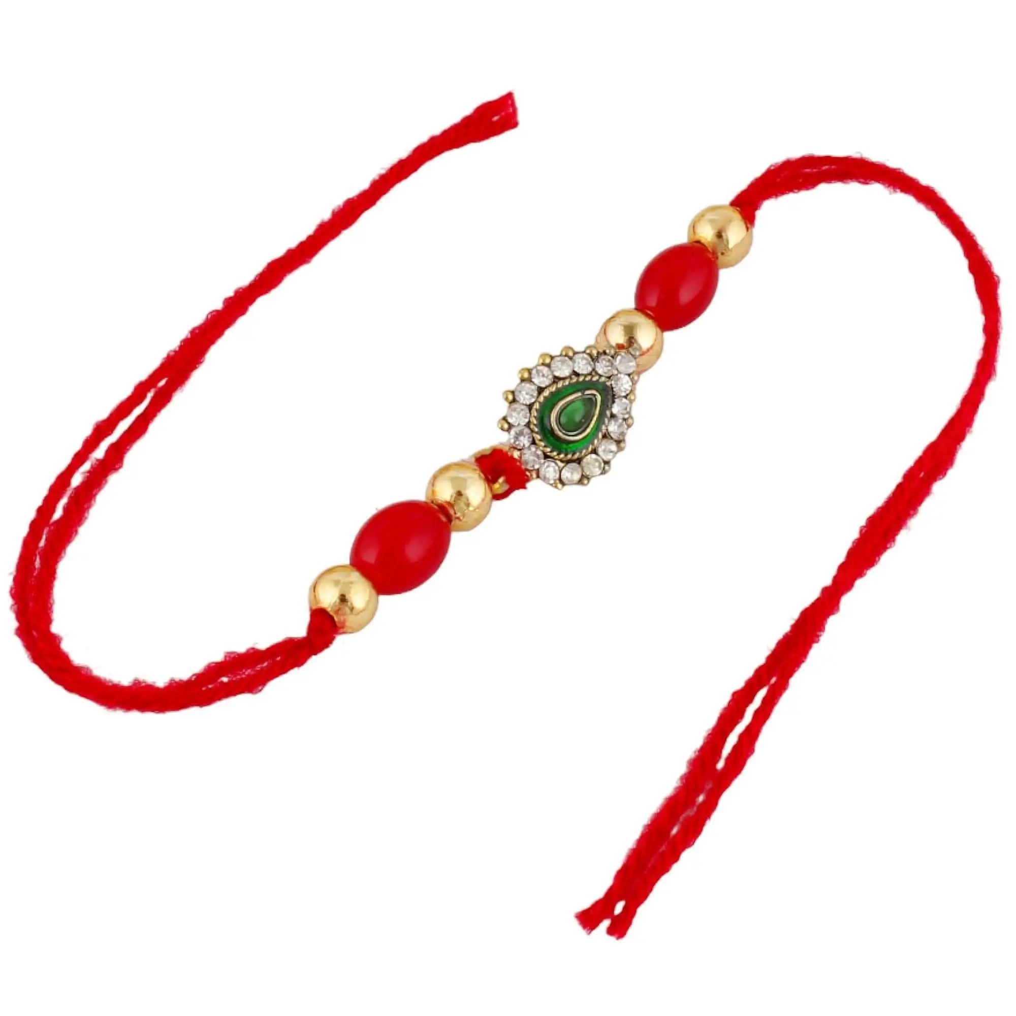 Designer Gold-Plated ferozi color meena thread rakhi with black stone hangings (pack of 4) | LUCKY JEWELLERY - halfpeapp
