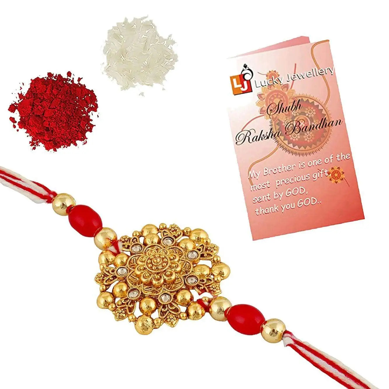 Designer Gold-Plated ferozi color meena thread rakhi with gold paled beads| LUCKY JEWELLERY - halfpeapp