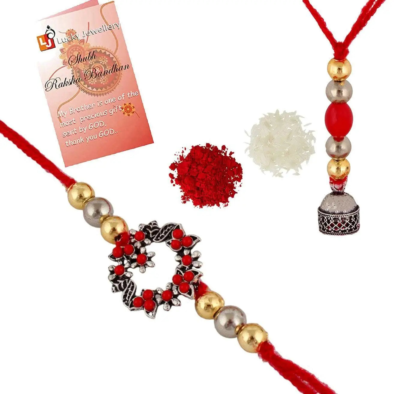 Designer Gold-Plated ferozi color meena thread rakhi with hanging stone (pack of 2) | LUCKY JEWELLERY - halfpeapp